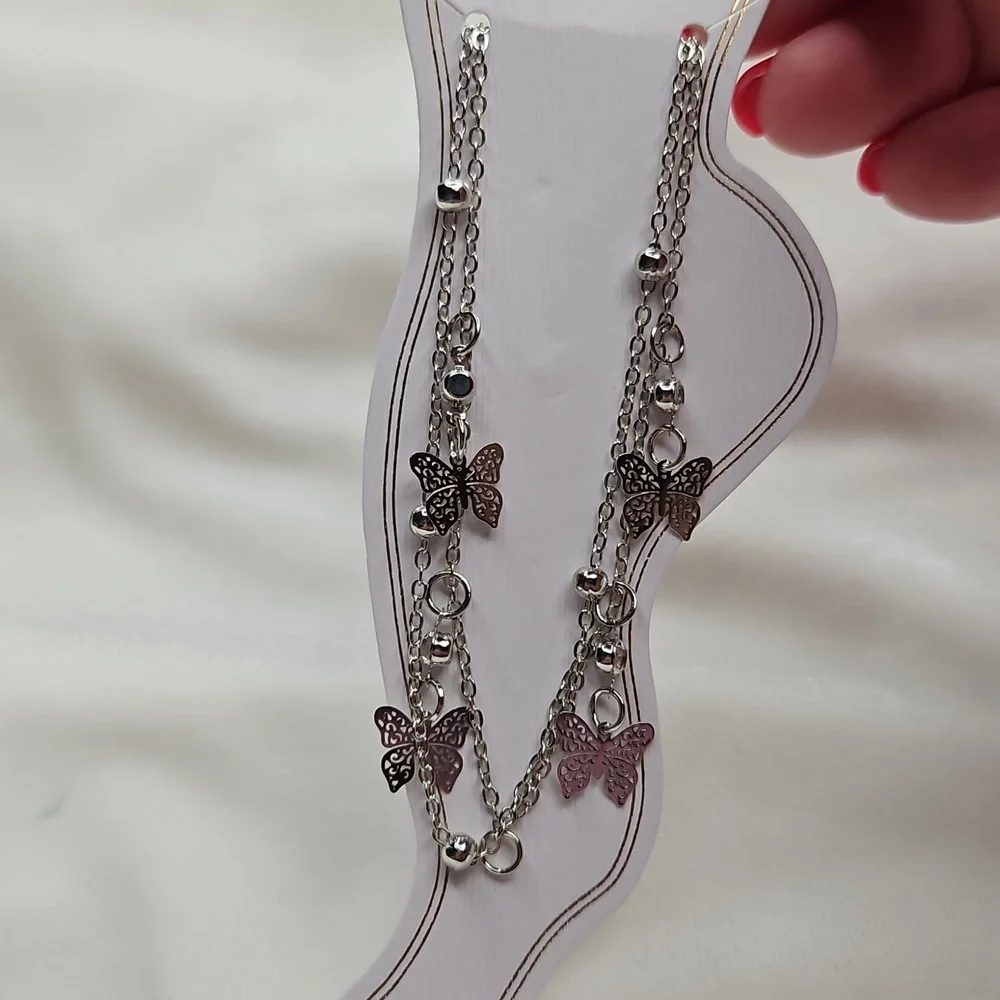 Women's Silver Tone Double Strand Butterfly Charm Ankle Bracelet Anklet Chain